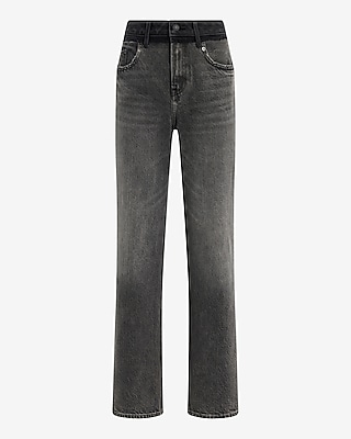 High Waisted Black Wash Contrast Waistband 50/50 Rigid Stretch Relaxed Straight Jeans