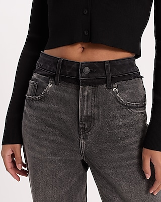 High Waisted Black Wash Contrast Waistband 50/50 Rigid Stretch Relaxed Straight Jeans