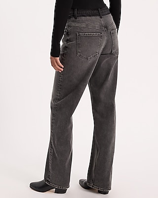 High Waisted Black Wash Contrast Waistband 50/50 Rigid Stretch Relaxed Straight Jeans