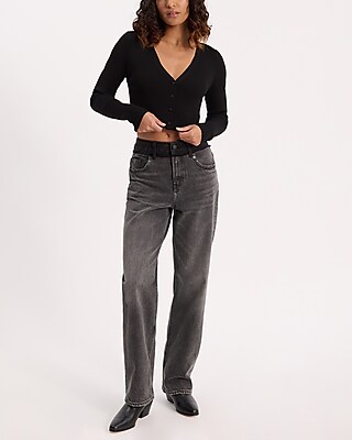 High Waisted Black Wash Contrast Waistband 50/50 Rigid Stretch Relaxed Straight Jeans