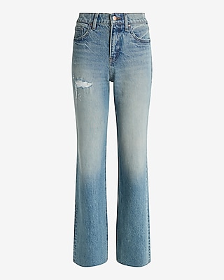 High Waisted Medium Wash Ripped Raw Hem Straight Jeans