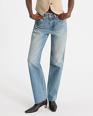 High Waisted Medium Wash Ripped Raw Hem Straight Jeans