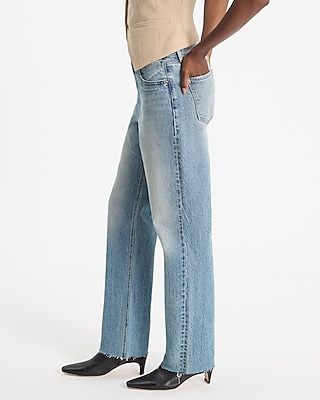 High Waisted Medium Wash Ripped Raw Hem Straight Jeans