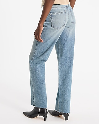 High Waisted Medium Wash Ripped Raw Hem Straight Jeans