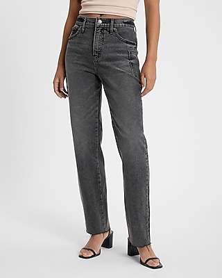 High Waisted Black Wash Cargo Pocket Straight Jeans