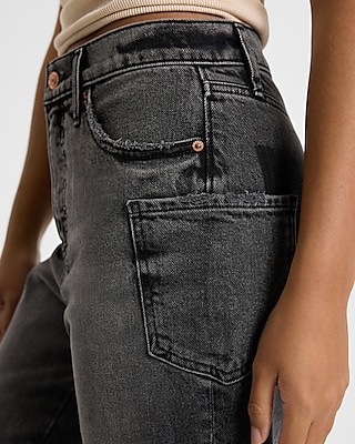 High Waisted Black Wash Cargo Pocket Straight Jeans