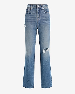 High Waisted Medium Wash Ripped Raw Hem Straight Jeans