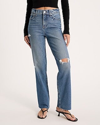 High Waisted Medium Wash Ripped Raw Hem Straight Jeans