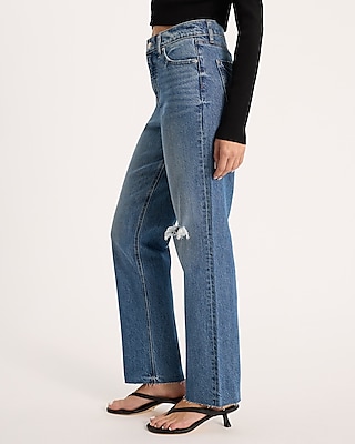 High Waisted Medium Wash Ripped Raw Hem Straight Jeans