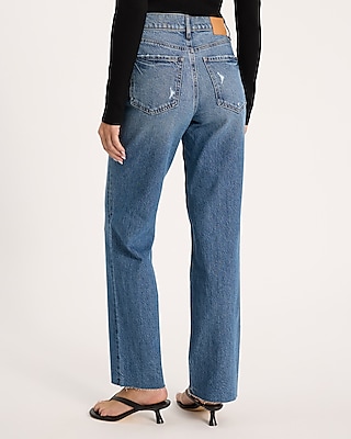 High Waisted Medium Wash Ripped Raw Hem Straight Jeans