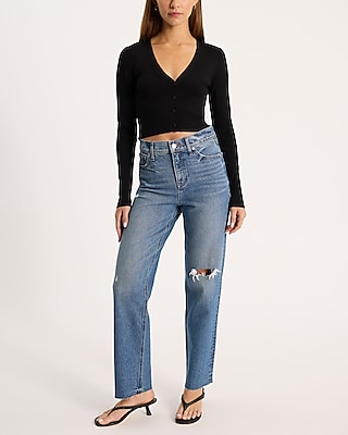 High Waisted Medium Wash Ripped Raw Hem Straight Jeans