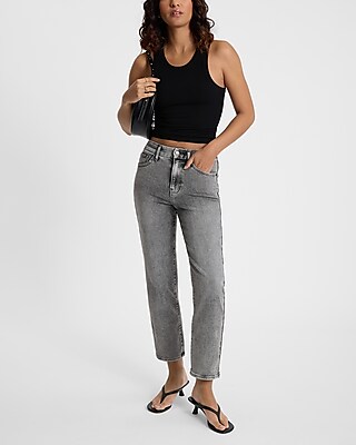 High Waisted Gray Wash FlexX Straight Ankle Jeans