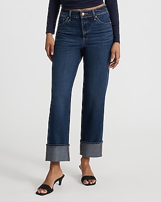 High Waisted Dark Wash Cuffed 50/50 Rigid Stretch Straight Ankle Jean