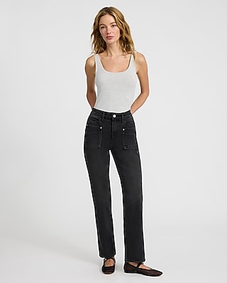 High Waisted Black Wash 50/50 Rigid Stretch Modern Straight Jeans