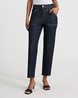 High Waisted Dark Wash Patch Pocket Straight Ankle Jeans