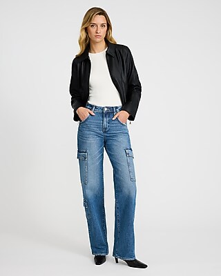 High Waisted Medium Wash Relaxed Straight Cargo Jeans