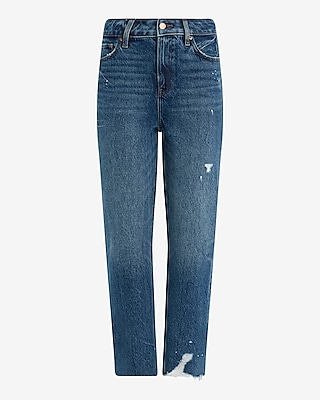 High Waisted 50/50 Rigid Stretch Paint Splatter Straight Ankle Jeans