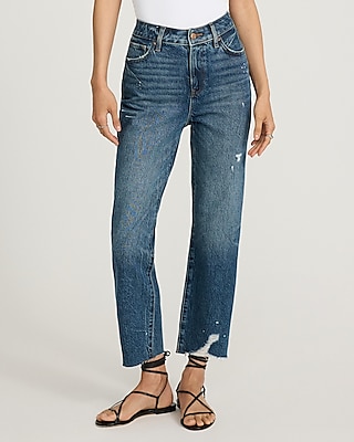 High Waisted 50/50 Rigid Stretch Paint Splatter Straight Ankle Jeans