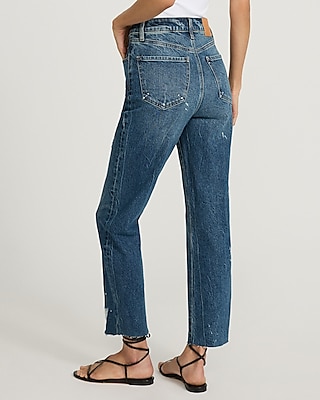 High Waisted 50/50 Rigid Stretch Paint Splatter Straight Ankle Jeans
