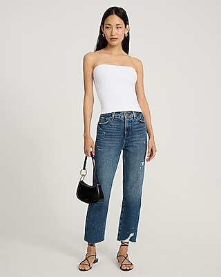 High Waisted 50/50 Rigid Stretch Paint Splatter Straight Ankle Jeans