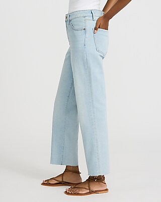 High Waisted Light Wash Raw Hem 50/50 Rigid Stretch Straight Ankle Jeans