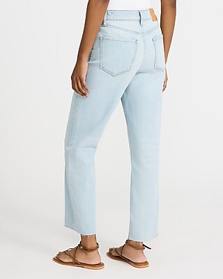 High Waisted Light Wash Raw Hem 50/50 Rigid Stretch Straight Ankle Jeans