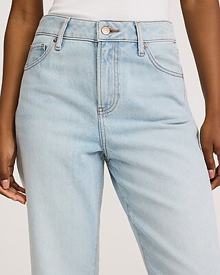 High Waisted Light Wash Raw Hem 50/50 Rigid Stretch Straight Ankle Jeans