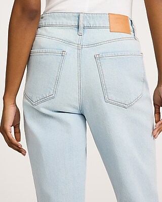 High Waisted Light Wash Raw Hem 50/50 Rigid Stretch Straight Ankle Jeans