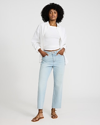High Waisted Light Wash Raw Hem 50/50 Rigid Stretch Straight Ankle Jeans