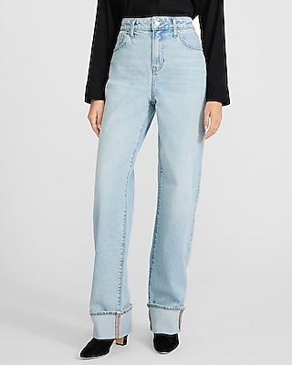 High Waisted Light Wash Cuffed Relaxed Straight Jeans