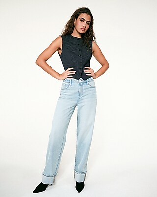 High Waisted Light Wash Cuffed Relaxed Straight Jeans