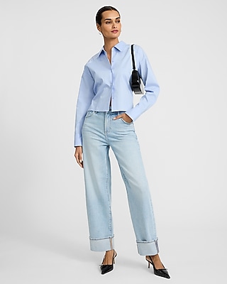 High Waisted Light Wash Cuffed Relaxed Straight Jeans