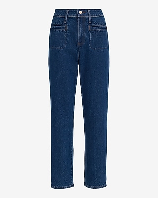 High Waisted Dark Wash Patch Pocket 50/50 Rigid Stretch Straight Ankle Jeans