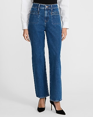 High Waisted Dark Wash Patch Pocket 50/50 Rigid Stretch Straight Ankle Jeans