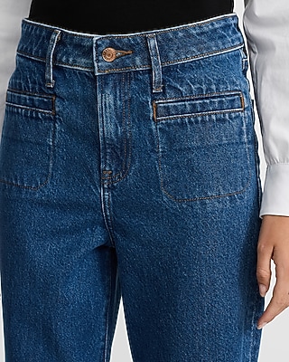High Waisted Dark Wash Patch Pocket 50/50 Rigid Stretch Straight Ankle Jeans