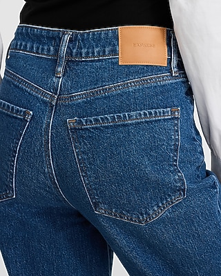 High Waisted Dark Wash Patch Pocket 50/50 Rigid Stretch Straight Ankle Jeans