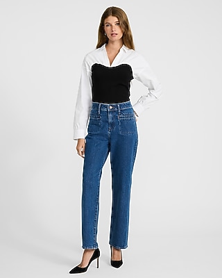 High Waisted Dark Wash Patch Pocket 50/50 Rigid Stretch Straight Ankle Jeans