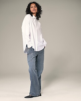 High Waisted Light Wash Cargo 50/50 Rigid Stretch Relaxed Straight Jeans