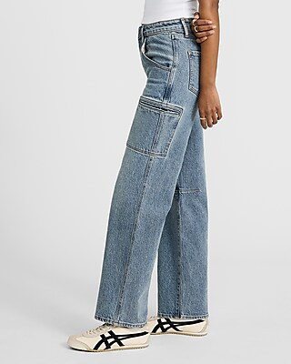 High Waisted Light Wash Cargo 50/50 Rigid Stretch Relaxed Straight Jeans