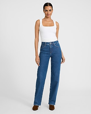 High Waisted Medium Wash Studded Relaxed Straight Jeans
