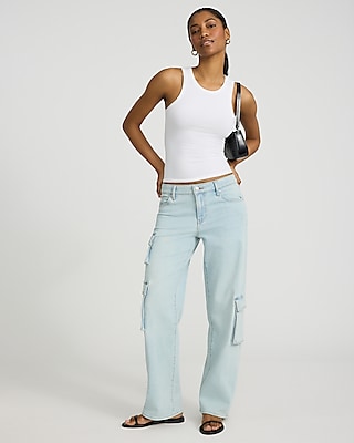 Low Rise Light Wash Relaxed Straight Cargo Jeans