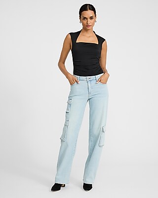 Low Rise Light Wash Relaxed Straight Cargo Jeans