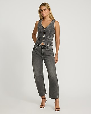 Mid Rise Washed Black Raw Hem Barrel Jeans