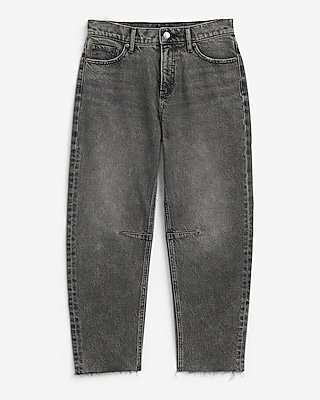 Mid Rise Washed Black Raw Hem Barrel Jeans