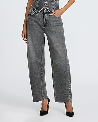 Mid Rise Washed Black Raw Hem Barrel Jeans