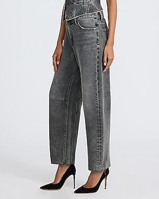 Mid Rise Washed Black Raw Hem Barrel Jeans