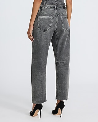 Mid Rise Washed Black Raw Hem Barrel Jeans