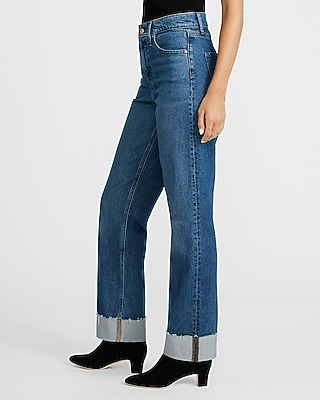 High Waisted Dark Wash Cuffed Hem Straight Jeans - image 2