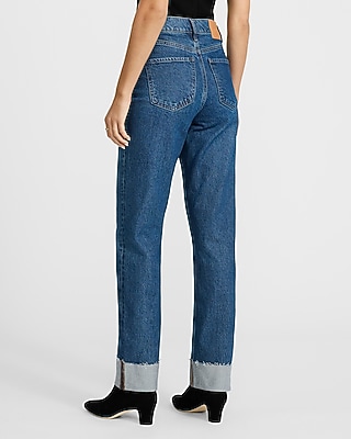High Waisted Dark Wash Cuffed Hem Straight Jeans - image 3
