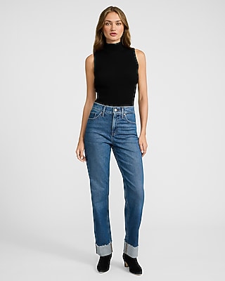 High Waisted Dark Wash Cuffed Hem Straight Jeans